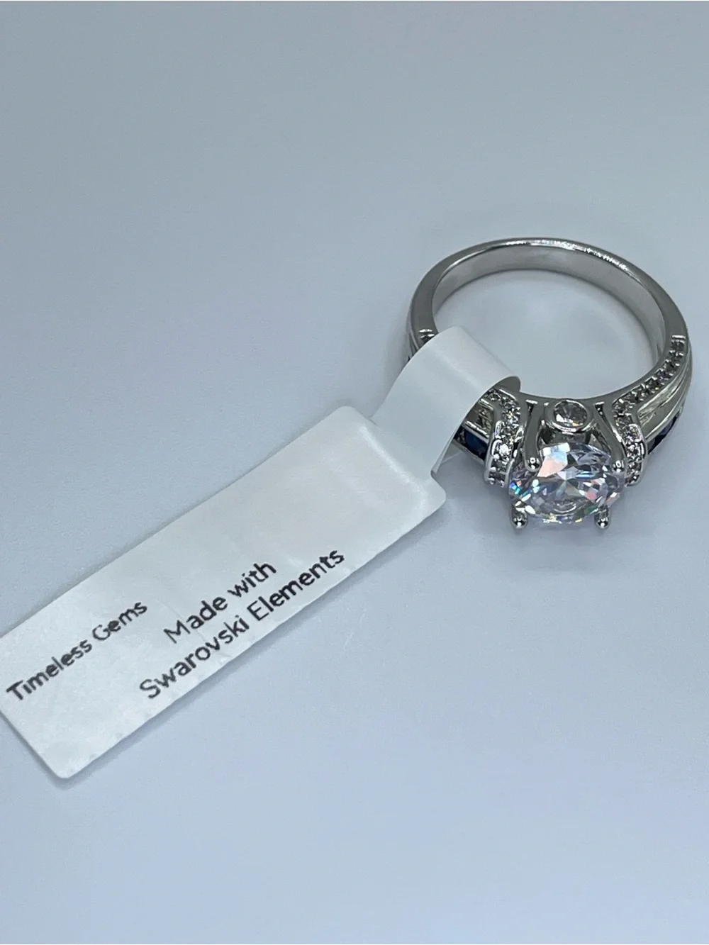 Swarovski Crystal Elements Blue White Crystal Solitaire Ring Sz 8.5 Glam Bridal